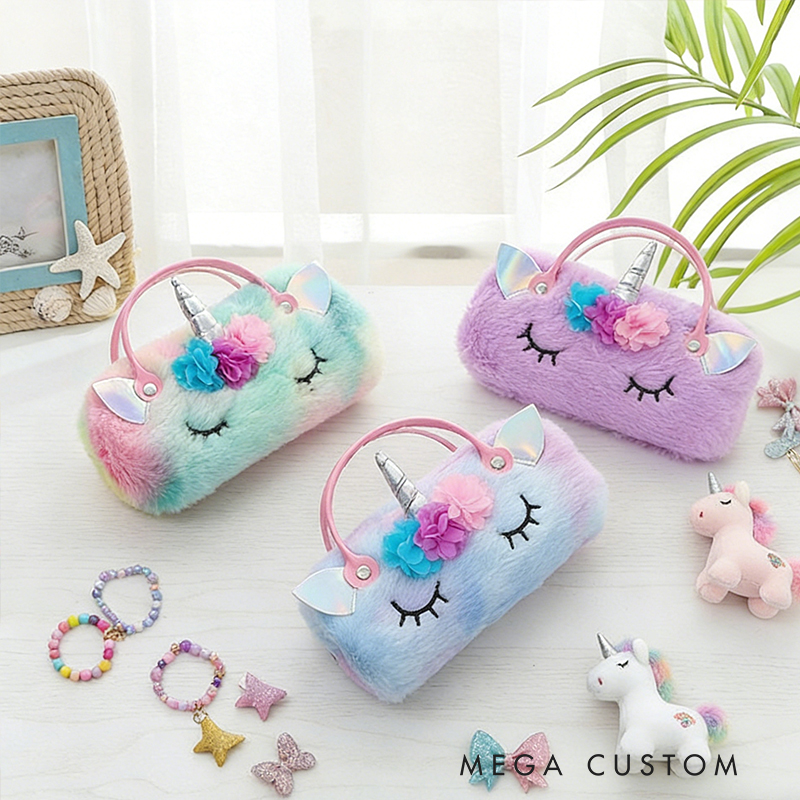 Personalized Dreamy horse Themed Plush Glasses Case Custom Name Handheld Storage Box for Kids