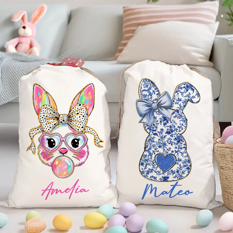 Personalized Cute Bow Bunny Drawstring Gift Bag with Name Easter Party Gift for Kids Family