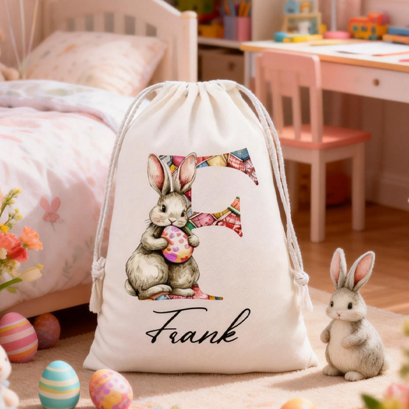 Personalized Bunny Drawstring Bags Custom Name Bunny Designs for Egg Hunts Easter Party Favors Bunny Drawstring Bags 