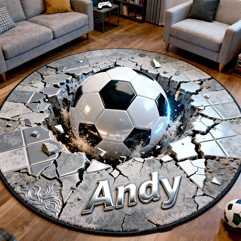 Personalized Soccer Rug with Cracked Floor Design Dynamic 3D Effects and Custom Name