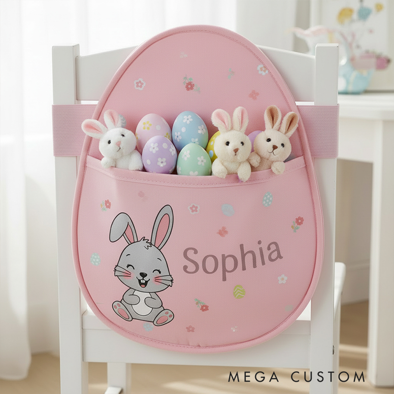 Personalized Bunny Easter Chair Back Pocket Custom Name Storage for Eggs Gifts and Cards Perfect Gift For Easter