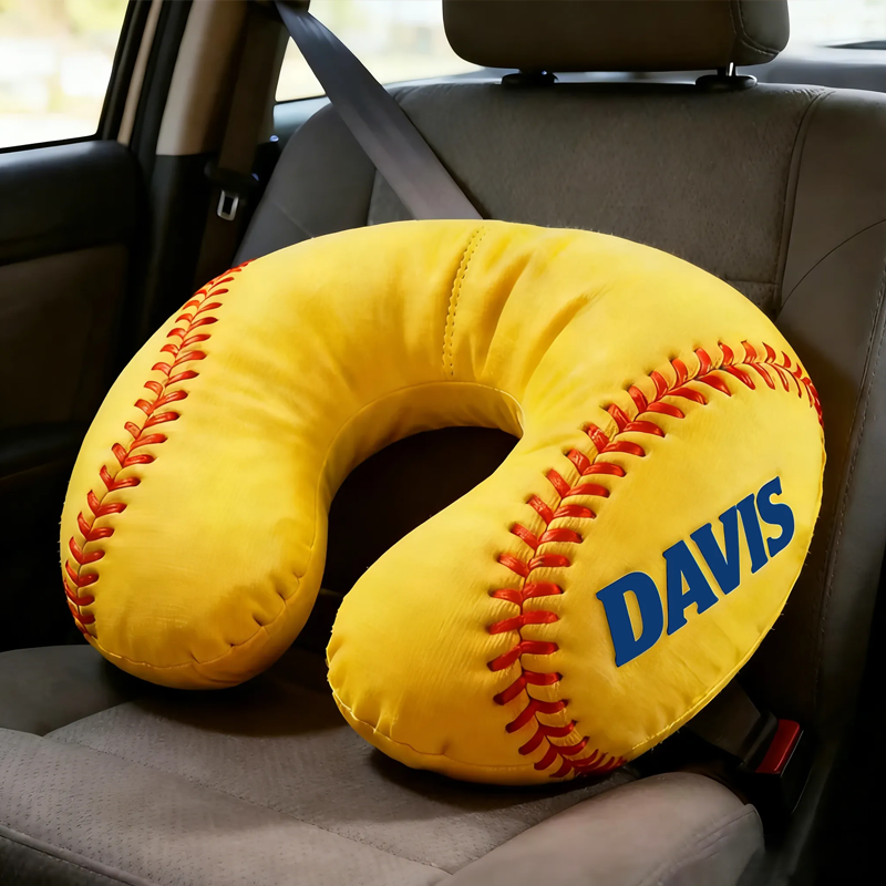 Personalized Softball U-Shaped Pillow with Custom Name for Sports Fans and Travelers