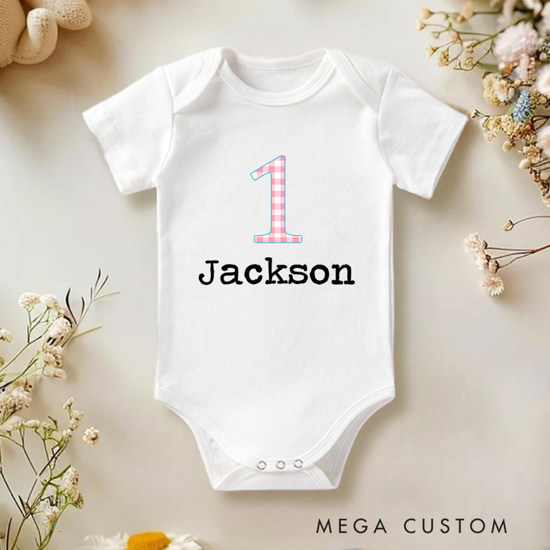 Personalized Number One Checkered Birthday Celebration Baby Onesie  