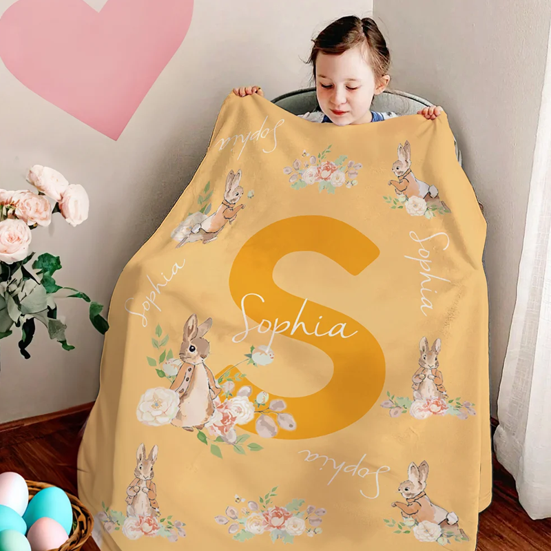 Personalize Cute Bunny Peter Rabbit Soft Throw Blanket with Name and Initial Home Decor Birthday Christmas Gift for Boys Girls