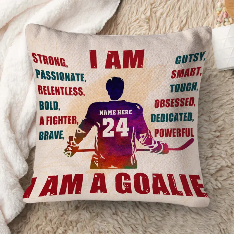 Personalized Ice Hockey Throw Pillow with Custom Name, Number, and Empowering Words
