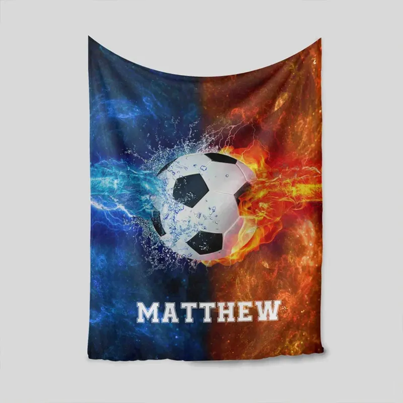 Personalized Fire and Water Design Soccer Blanket with Custom Name and Dynamic Sports Art