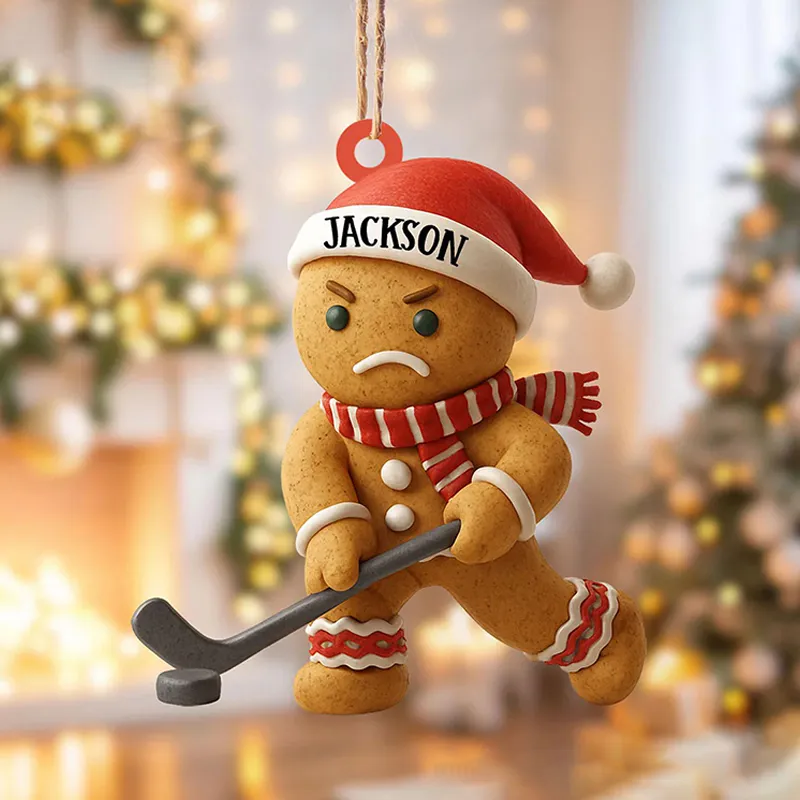 Personalized Acrylic Gingerbread Hockey Christmas Ornament with Custom Name  