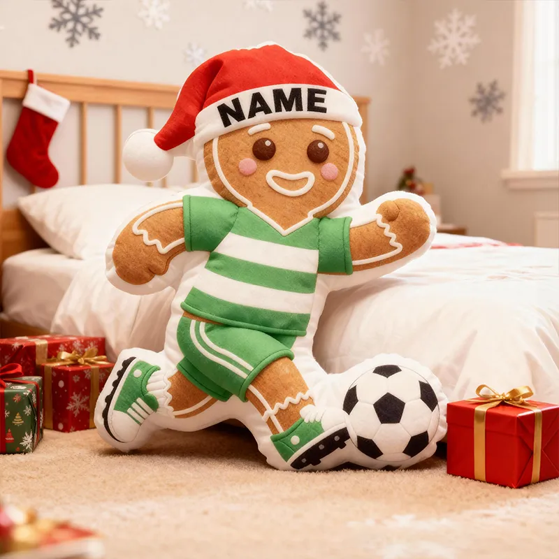 Personalized Gingerbread Soccer Player Pillow with Custom Name and Festive Design