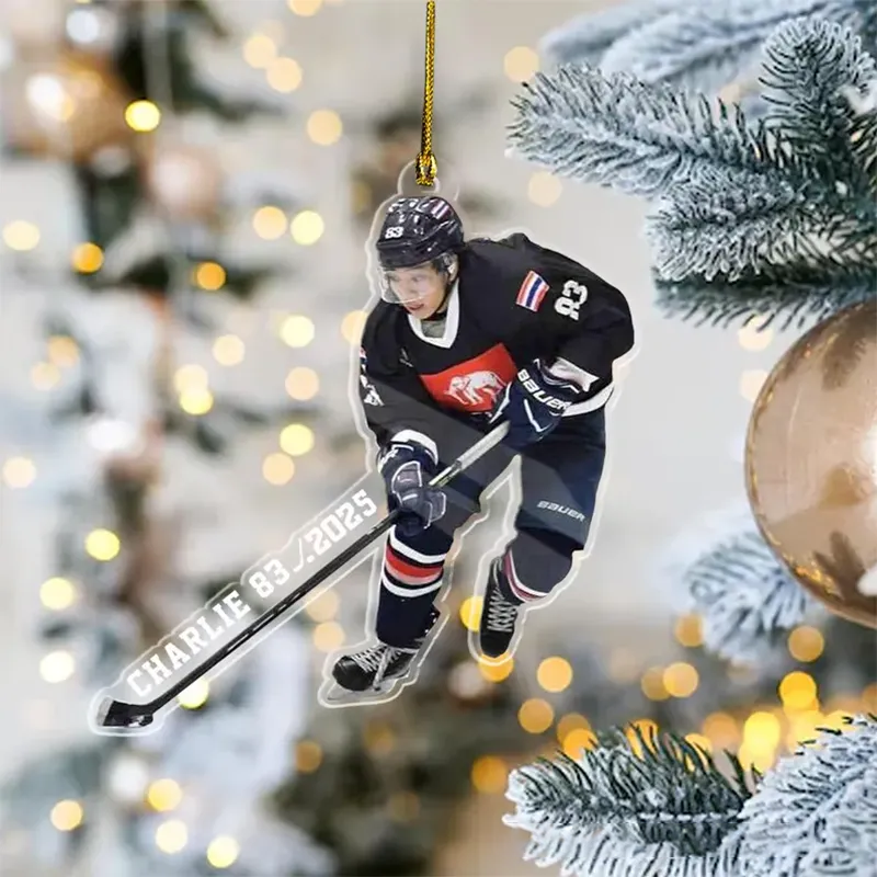 Personalized Hockey Player Christmas Acrylic Ornament with Custom Photo and Name Design