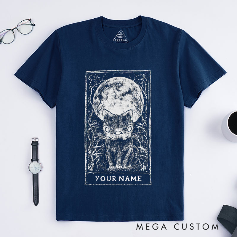 Personalized Tarot Lovers Classic T-Shirts The Moon Tarot Card T-Shirt Gothic Style Dark Cat Gift