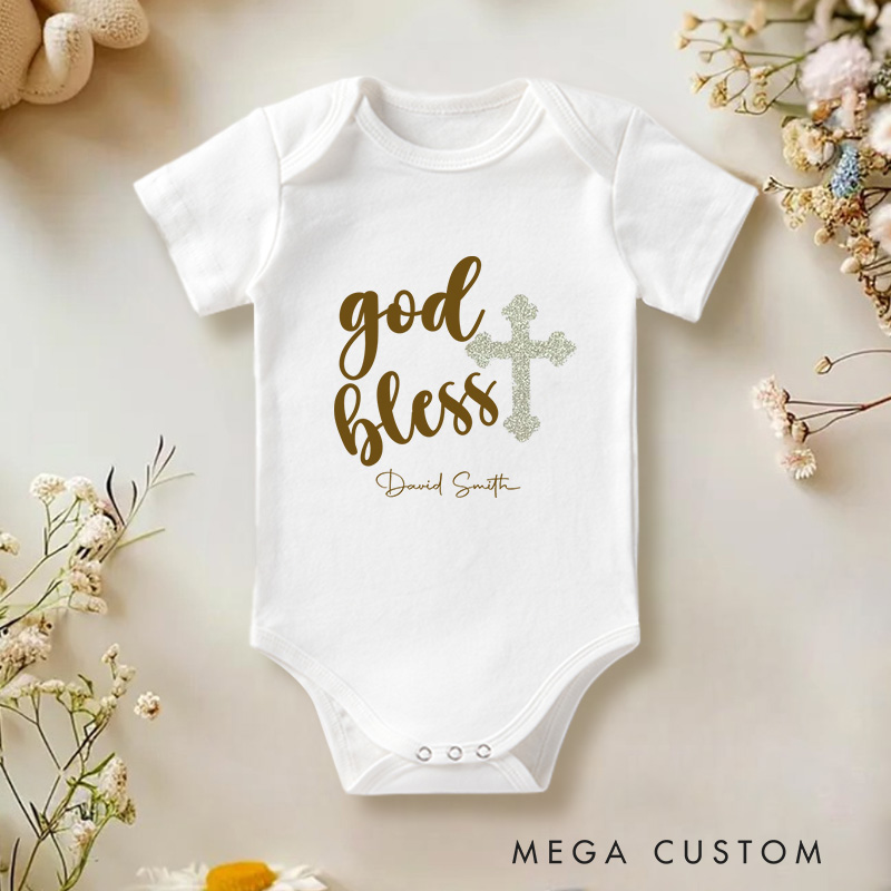 Personalized God Bless Name Elegant Glittery Baptism Celebration Baby Onesie  