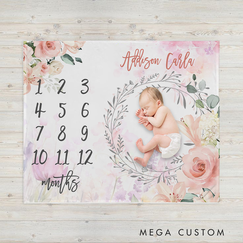 Personalized Floral Wreath Milestone Tracker Elegant Blooming Baby Blanket