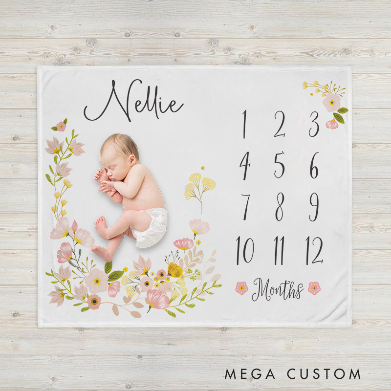 Personalized Golden Accents Floral Milestone Tracker Delicate Nature Baby Blanket
