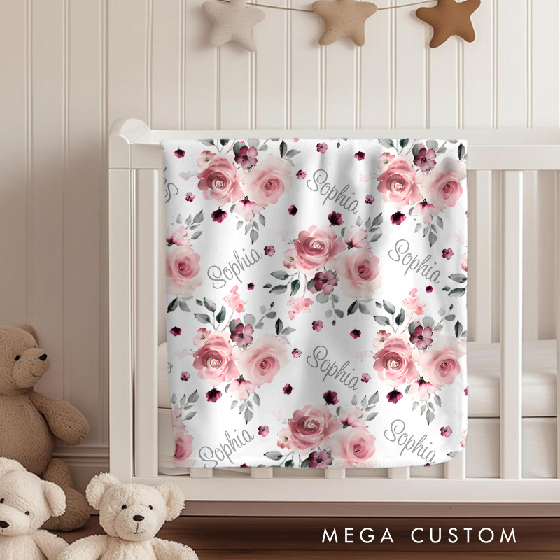 Personalized Pink Floral Pattern Sweet Blossoms Delight Baby Blanket