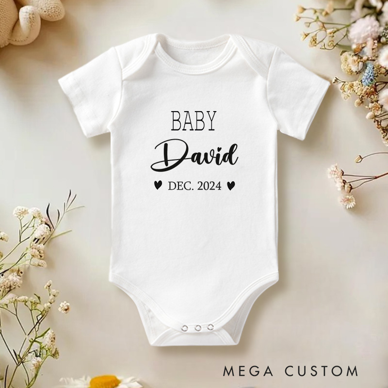 Personalized Baby Name and Date Elegant and Heartfelt Birth Announcement Baby Onesie  