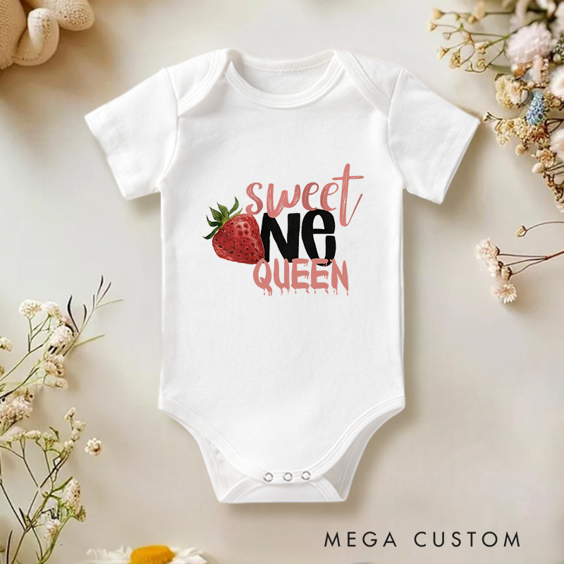 Personalized Sweet One Queen Strawberry Inspired First Birthday Celebration Baby Onesie  