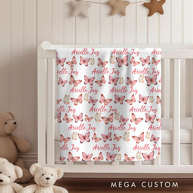 Personalized Pink Butterflies Dreamy Fluttering Pattern Baby Blanket