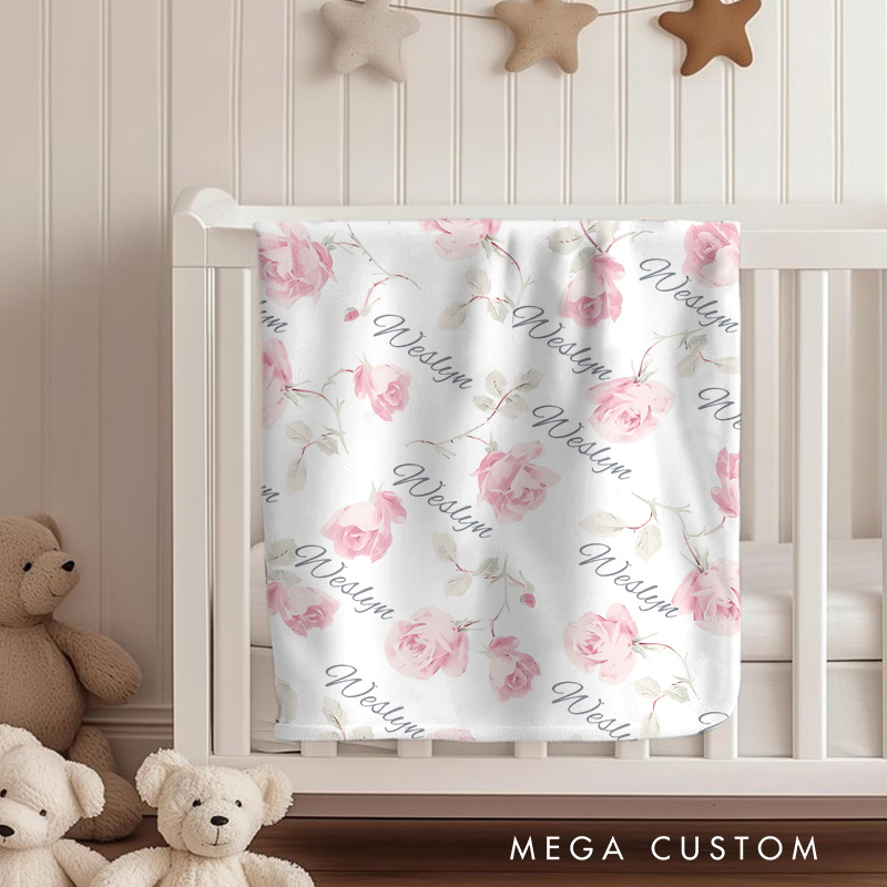 Personalized Pink Floral Pattern Delicate Rose and Leaf Elegant Baby Name Design Baby Blanket