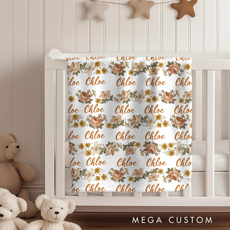 Personalized Vintage Floral Name Repeating Pattern Soft and Elegant Decorative Keepsake Baby Blanket