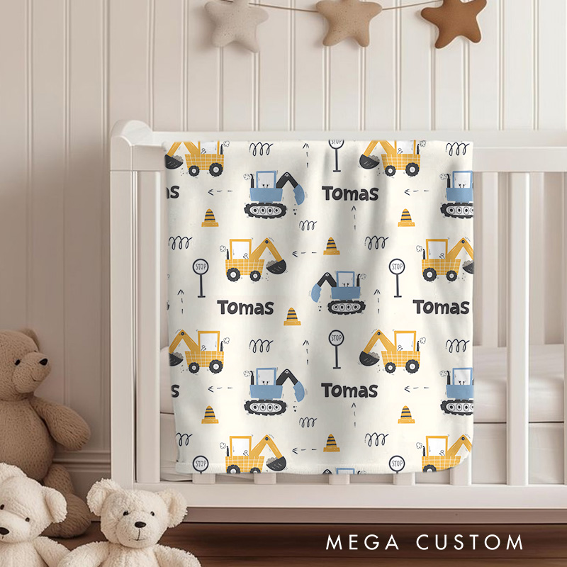 Personalized Construction Vehicles Name Pattern Fun and Playful Diggers and Trucks Inspired Baby Blanket