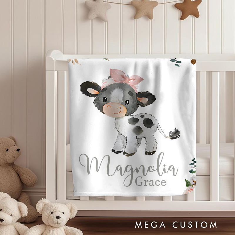 Personalized Adorable Cow with Floral Accents Name Pattern Sweet Farm Animal Inspired Baby Blanket