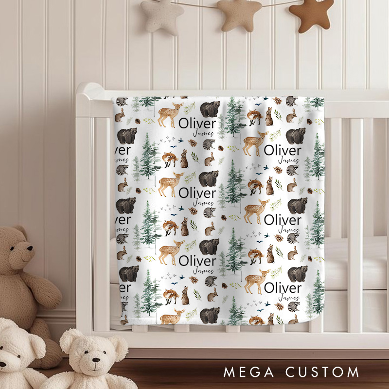 Personalized Woodland Animals Name Pattern Forest Creatures and Nature Inspired Soft Cozy Baby Blanket