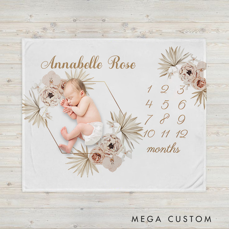 Personalized Elegant Floral Milestone Tracker Name Design Soft and Delicate Keepsake Baby Blanket