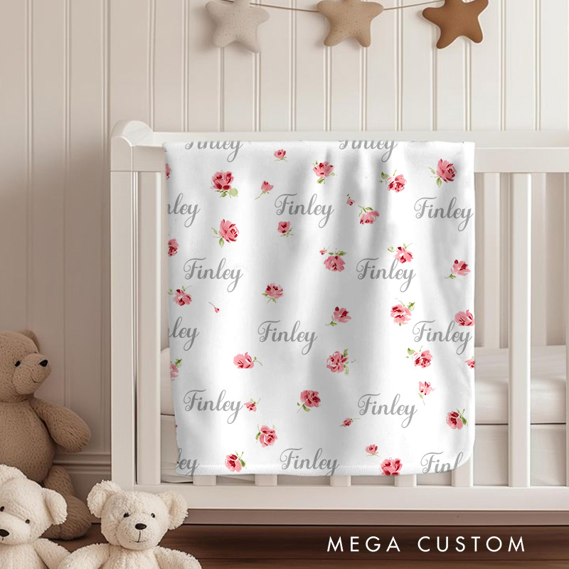 Personalized Pink Floral Name Pattern Delicate Roses and Soft Pastel Design Cozy Keepsake Baby Blanket