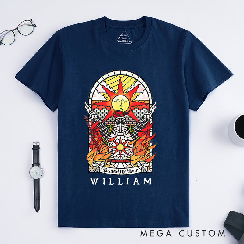 Personalized Tarot Lovers Classic T-Shirts Praise the Sun Medieval Knight Stained Glass Art T-Shirt Custom Fire Design Gift for Fans of Fantasy and Adventure