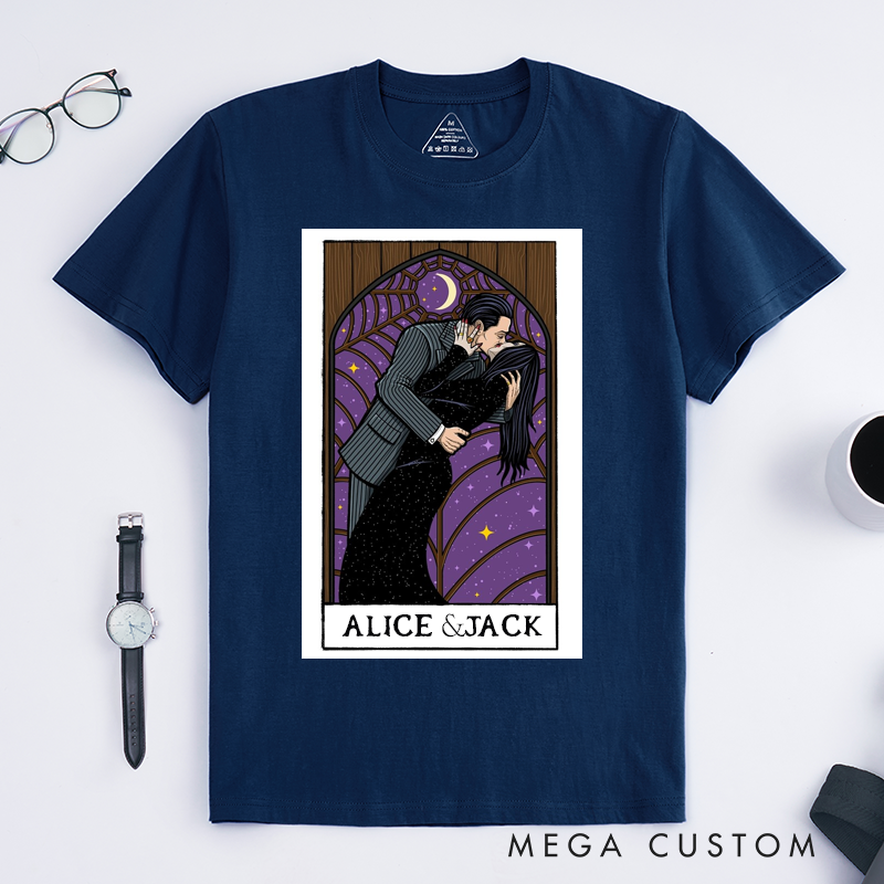 Personalized Tarot Lovers Classic T-Shirts Romantic Gift for Couples Unique Starry Night Art T-Shirts for Lovers