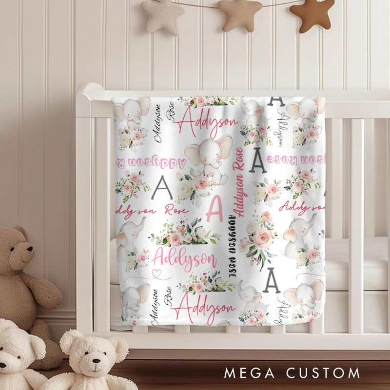 Personalized Pink Floral and Elephant Name Design Sweet Whimsical Soft Cozy Keepsake Baby Blanket