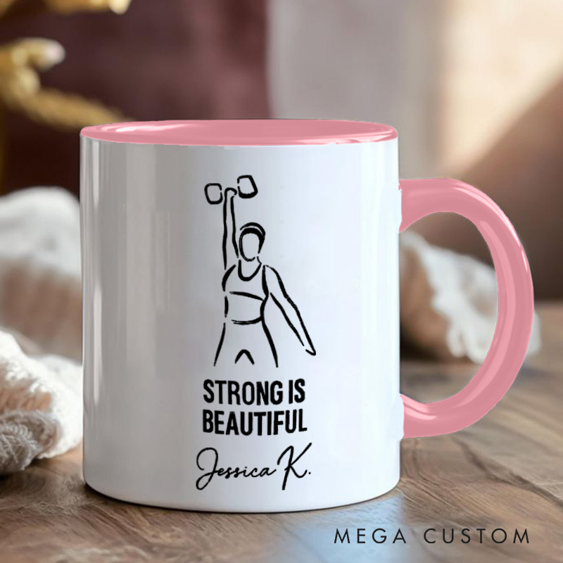Personalized Fitness Mug Strong is Beautiful with Custom Name Gift Motivational Coffee Cup for Fitness Enthusiasts Bodybuilders and Gym Lovers