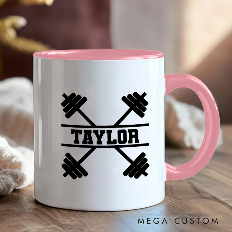 Personalized Fitness Mug with Crossed Dumbbell Design Gift Motivational Coffee Cup for Fitness Enthusiasts Bodybuilders and Gym Lovers