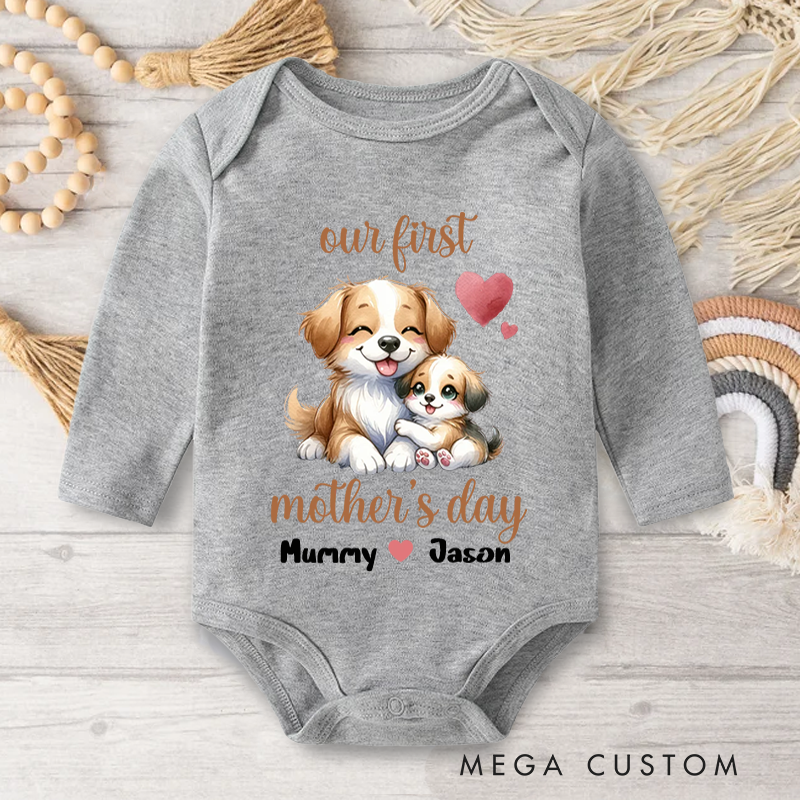 Personalized Cute Animal Mom Hugs Baby Baby Bodysuit with Names First Mother's Day Gift for Newborn New Mom
