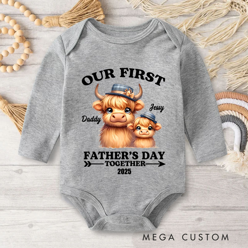 Personalized Highland Cow Dad and Baby Illustration for Our First Father's Day Together Baby Bodysuit