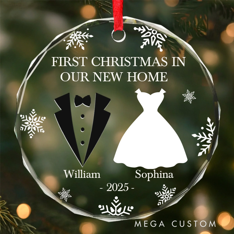 Personalized Heart Round Glass Ornament Custom Anniversary Christmas Wedding Gift for Husband and Wife Him and Her Our First Christmas in Our New Home