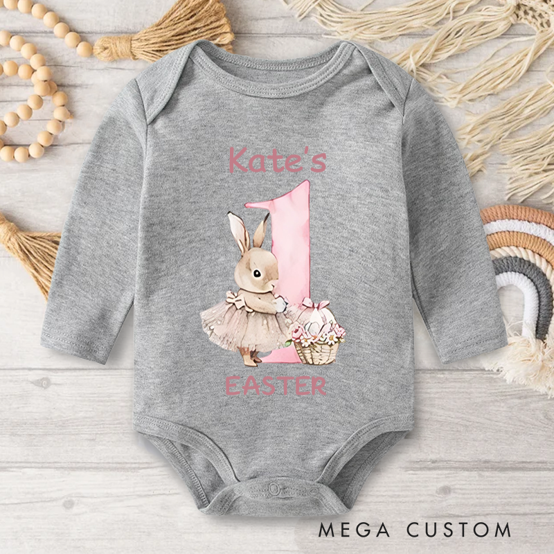 Personalized Cute Bunny 1st Easter Long Sleeve Baby Bodysuit with Name Easter Party Birthday Gift for Newborns