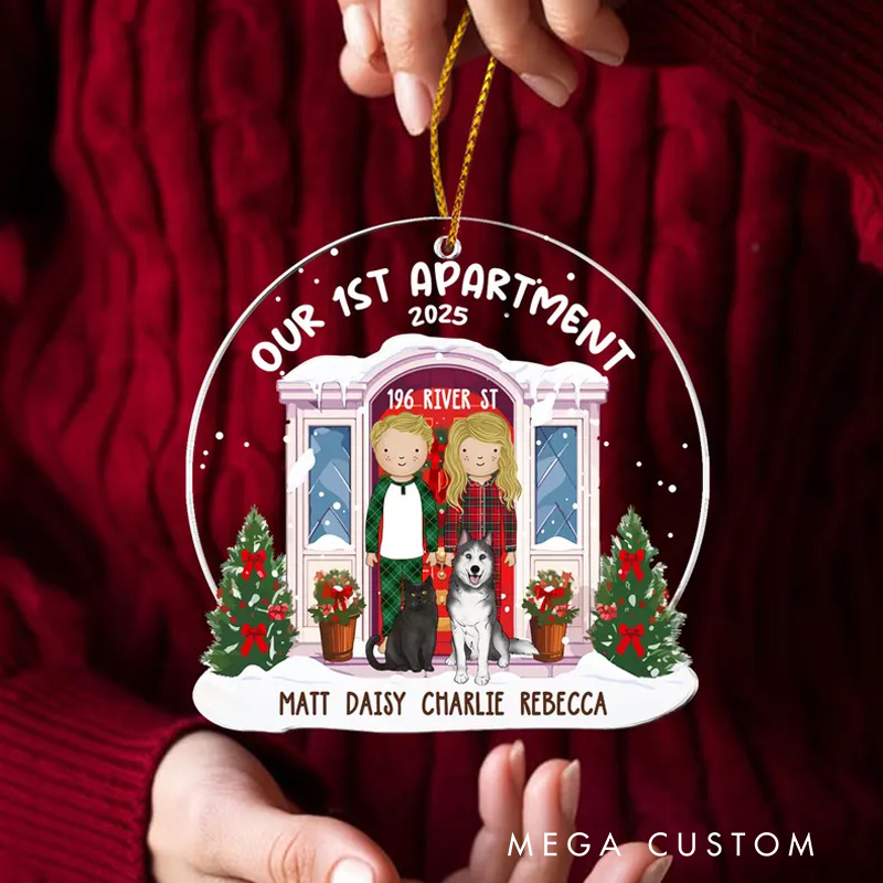 Personalized Our First Apartment Ornament Custom New Home Ornament Couple With Pet Christmas Ornament Our First Home Gift Newlywed Gift