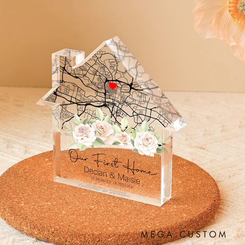 Personalized Housewarming Gift Custom Home Map First Home Gift Location Housewarming Gift Moving Present House Shape Plaque Block Gift