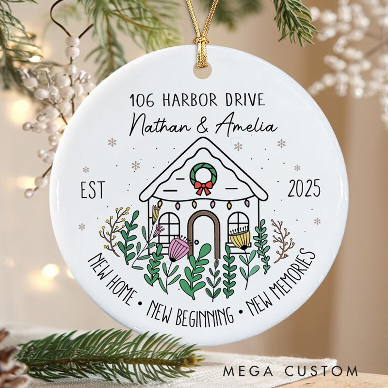 Personalized New Home Ornament Custom Names and Address Ceramic Keepsake Holiday Decoration 2025 New Beginnings and Memories Gift for Homeowners