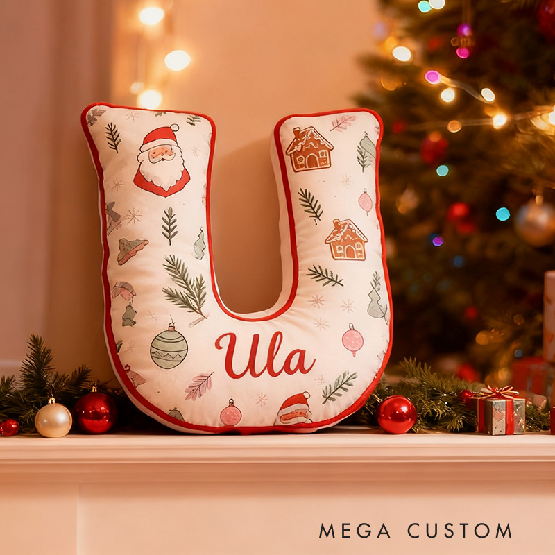 Personalized Christmas Letter Pillow Graphic 3D Print Custom Name Festive Decor with Santa Gingerbread Ornaments Design Soft Home Accent