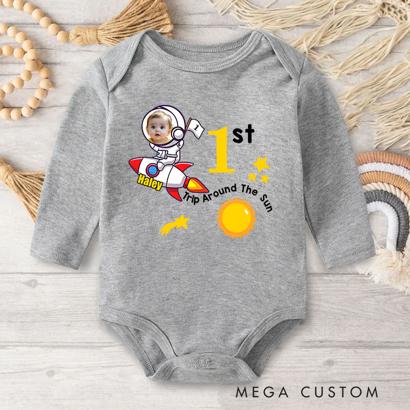 Personalized Baby Photo Rocket and Star Design for Birthday Celebration Baby Bodysuit
