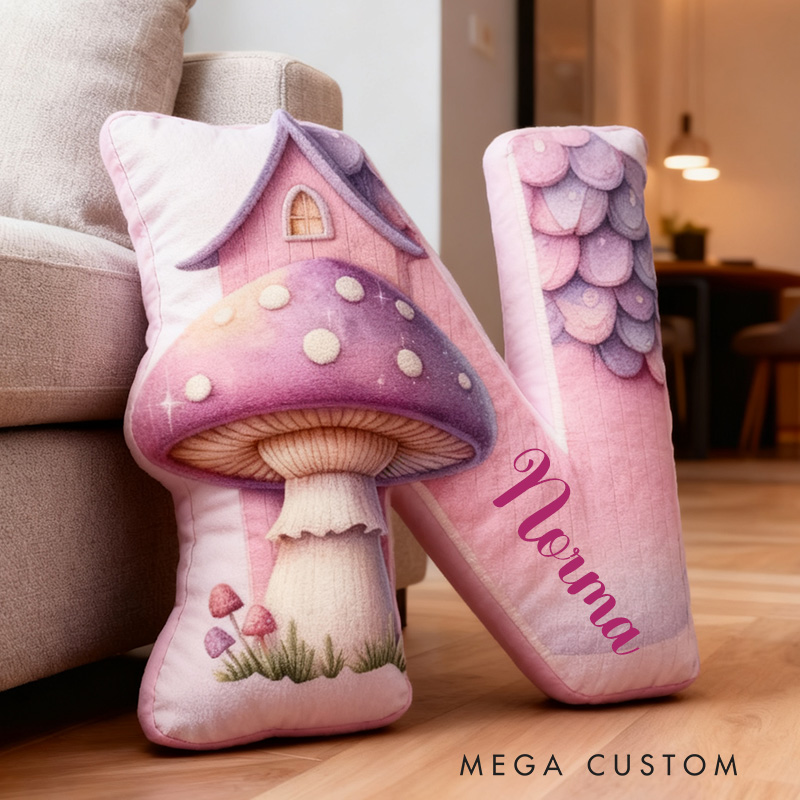 Personalized 26 Letter Housewarming Pillow Graphic 3D Print Custom Name Cozy Home Decor with Enchanting Mushroom House Design Soft Accent Cushion