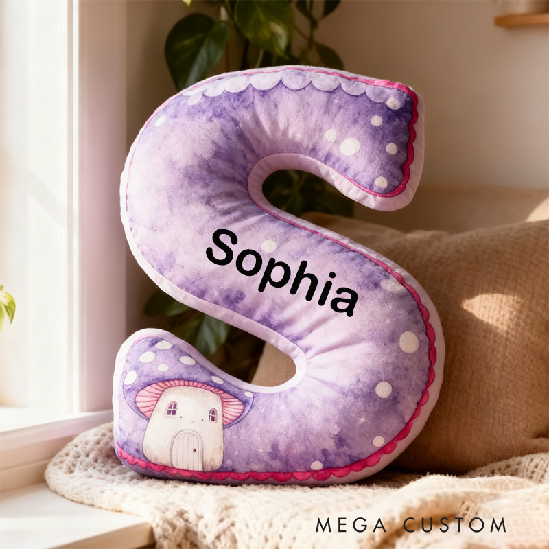 Personalized 26 Letter Pillow Graphic 3D Print Custom Name Cozy Home Decor with Charming Purple Mushroom House Design Housewarming Pillow Gift