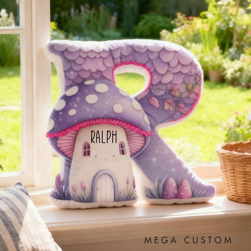 Personalized 26 Letter Pillow Purple Mushroom House Housewarming Pillow Graphic 3D Print Custom Name Cozy Home Decor Soft Accent Cushion