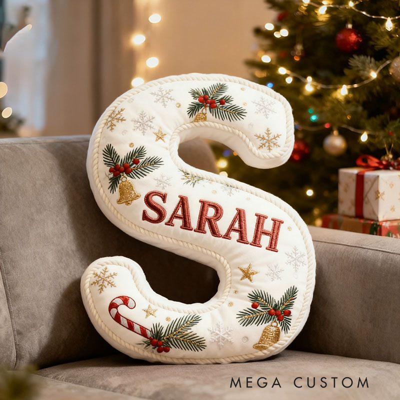 Personalized Christmas Letter Pillow Festive Holiday Decor Candy Cane and Bell Graphic 3D Print Cozy Custom Cushion for Living Room Soft Decorative White