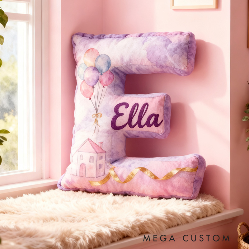 Personalized Purple Letter PillowHousewarming Pillow Graphic 3D Print Custom Name Cozy Home Decor with Dreamy Balloon House Design Soft Accent Cushion