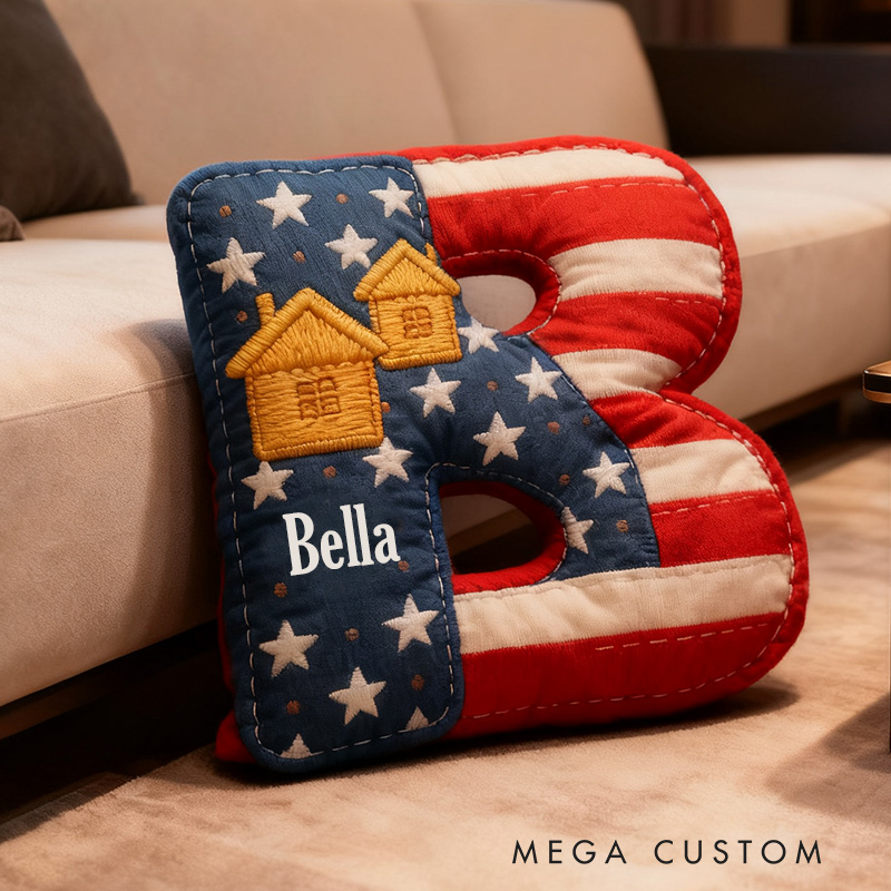 Personalized 26 Letter Pillow Graphic 3D Print Custom Name Cozy Home Decor with Patriotic Stars and Stripes Design Soft Accent Cushion