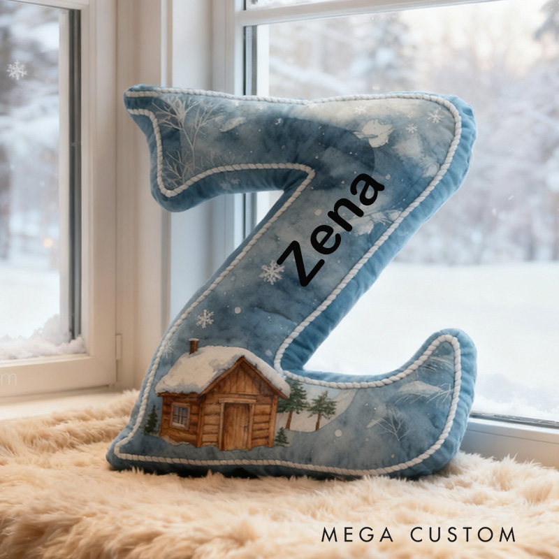 Personalized Letter Pillow Graphic 3D Print Custom Name Cozy Home Decor with Tranquil Winter Cabin Design Soft Accent Cushion Perfect New Home Gift