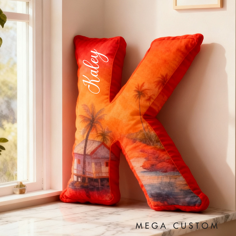 Personalized Letter Pillow Graphic 3D Print Custom Name Cozy Home Decor with Tropical Sunset Beach Design Soft Accent Cushion Housewarming Gift